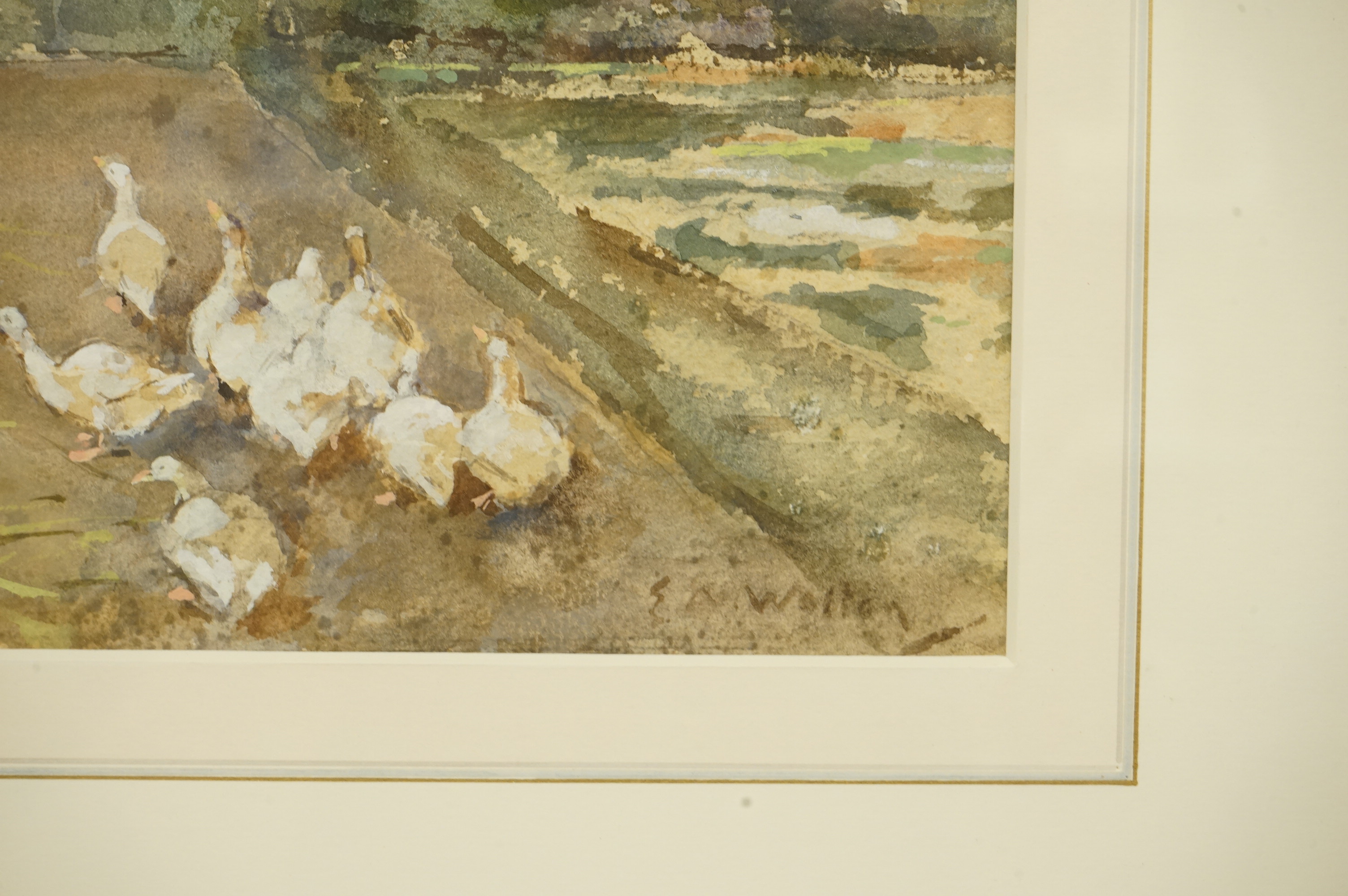E.A. W…, Feeding the ducks, indistinctly signed lower right, watercolour, 20 x 27cm